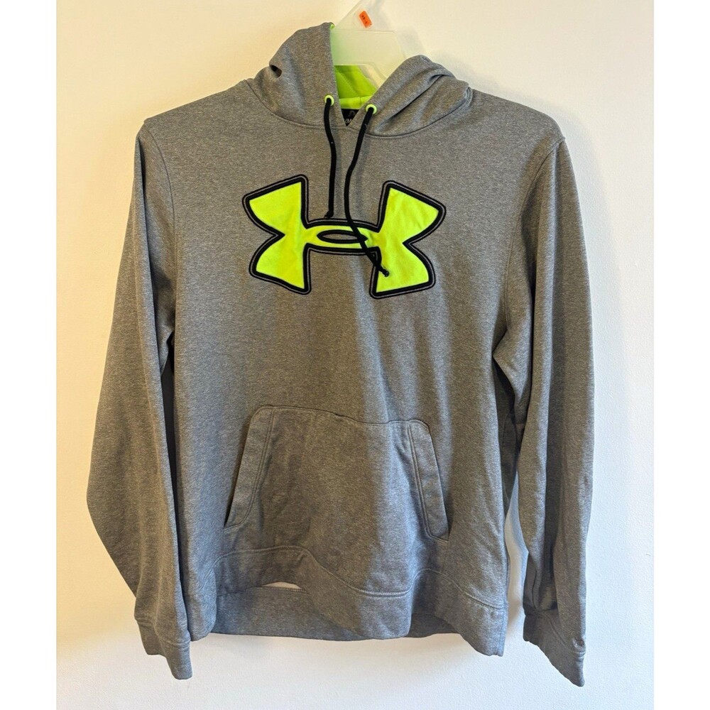 Under Armour Men’s M Gray/Green Loose Fit Pullover Fleece Hoodie Logo Pockets